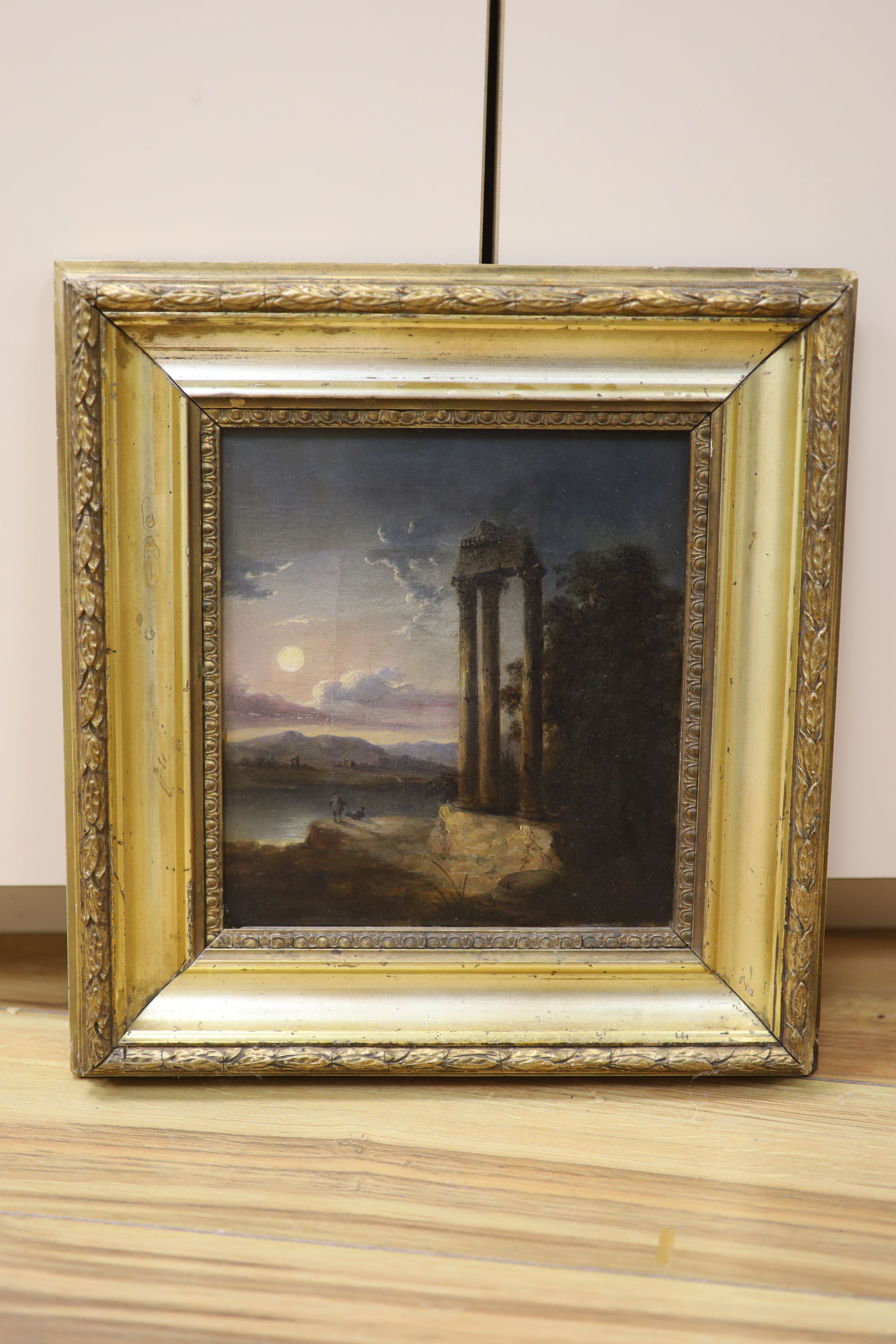 19th century English School, oil on canvas, Moonlit landscape with ruins, 22 x 20cm